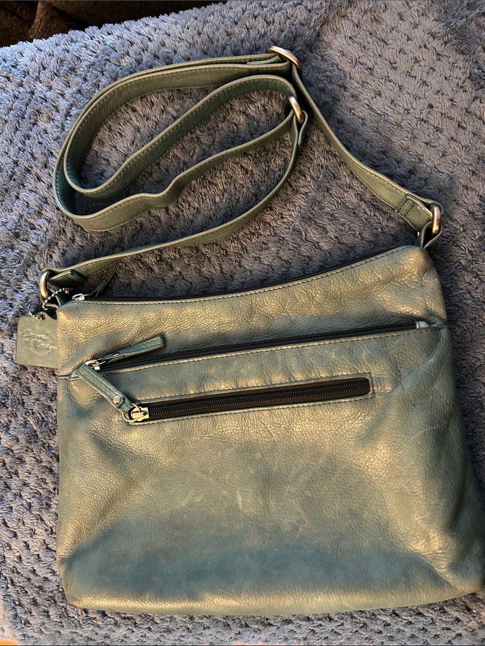 Smooth Teal Leather Crossbody Bag with Front Zip Pocket